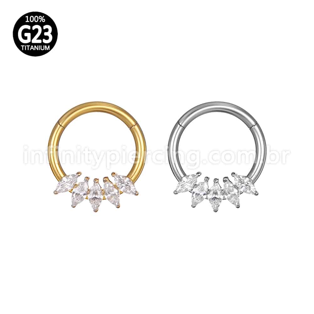 Piercing Argola Titânio Segmento Articulado 5 Pedras Zircônia Oval